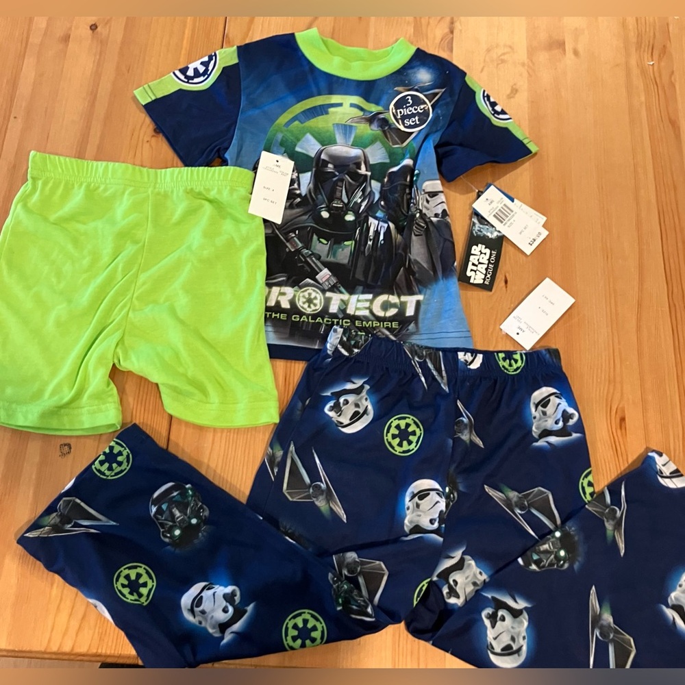 NWT Star Wars Kids Rogue One 3-piece  Pajama Set - Blue and Lime Green size 4T